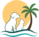 Logo da IlhaVet: cão e gato sob um sol com palmeira e ondas